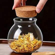 硼硅酸盐玻璃密封储物罐 - 1 个圆形罐，带软木盖，用于茶、糖果、零食和香料 - 易于密封，可手洗厨房收纳盒，适合返校 - 彩色 - 查看 4