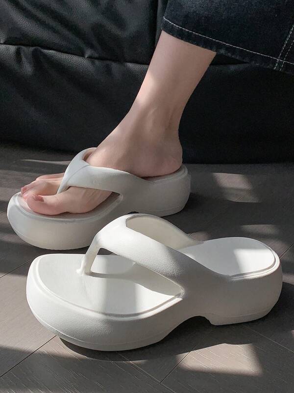 White Thick-Sole Flip Flops, Women's Fashionable Slippers, EVA Material, Comfortable & Soft, Height Increasing & Anti-Slip, Summer
