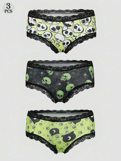 Morvia Morvia 3pcs Sexy Cute Gothic Contrast Lace Hipster Panties, Halloween Green Skulls & Moons Allover Print Comfy Silky Intimates Briefs Panties, Women's Underwear & Lingerie