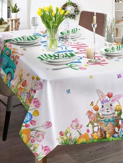 Hexagon Star Easter Tablecloth, Happy Easter Tablecloth, Fits Rectangular Tables, Rabbit Egg Truck Tulip Washable Polyester Retro Tablecloth, Suitable For Picnic Party Outdoor Dinner Restaurant