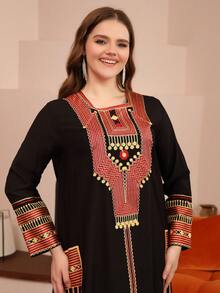 2026 New Style Ramadan Traditional Elegant Long Sleeve Dress, Colorful Gold Embroidery Arabic Women Clothing JALABIA - Black - View 6