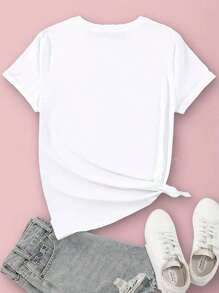 Camiseta de manga corta roja cómoda con grafismo de mitología griega, estampado de campamento de herencia mixta y letras por transferencia térmica para mujer, primavera/verano