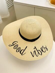 Letter Pattern Wide Brim Sun Hat, Suitable For Vacation And Travel - Beige - View 2