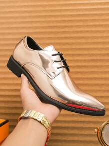 Men's Dress Formal Pointed Toe Lace-Up Patent Leather Shoes - Gold - View 6