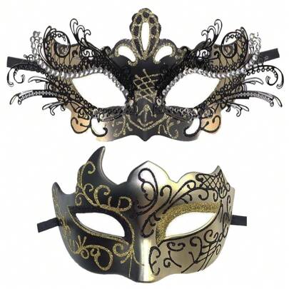 Maski dla par - lśniąca metalowa, malinowa kryształowa maska wenecka, męska maska karnawałowa (maska jest malowana ręcznie, mogą występować drobne odchylenia linii, ale nie wpływają one na użytkowanie)