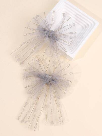 2 件女孩网眼发饰纯色网眼蝴蝶结发夹粉色米色薄纱蝴蝶结发夹灰绿色蝴蝶结发夹女孩节日派对头饰儿童婴儿发饰