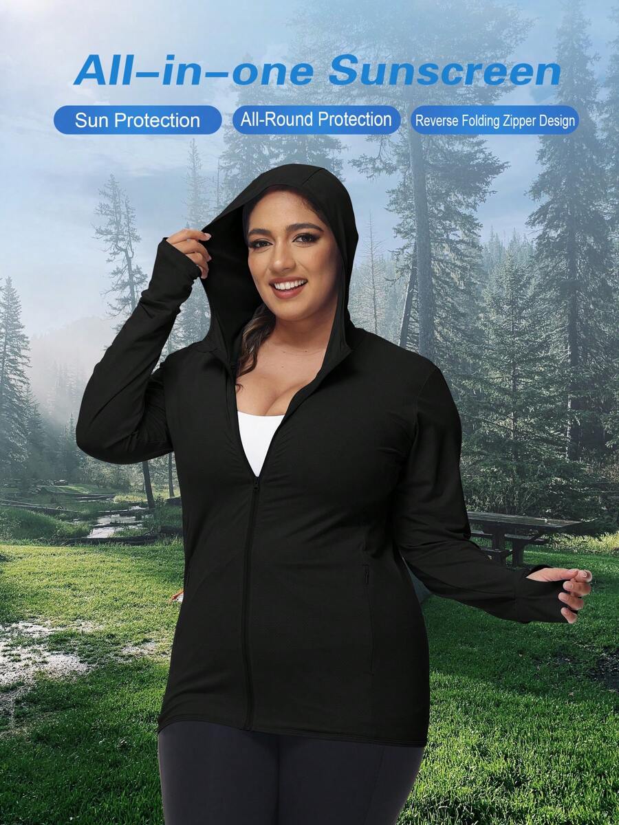 Plus Size Women's Long Sleeve Hooded Sun Protection Fishing Jacket, Casual Sports Windbreaker For Autumn - Black - View 1