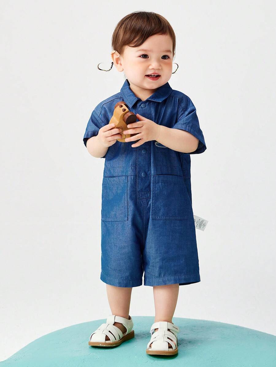 mini bala Baby Workwear-Style Romper - Soft Breathable Jumpsuit, Cute Outdoor Onesie - Denim Dark Blue - View 1