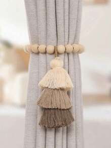 1Pair Wooden Curtain Hook Magnetic Beaded Tassels Tri-Colored, Boho Wooden Curtain Holder With Tassels No Drilling, For Office, Bedroom, Living Room
