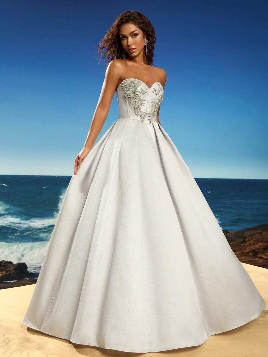 女士优雅水钻装饰露肩正式晚礼服、派对礼服、婚礼宾客礼服、长袍 - 銀色 - 查看 1