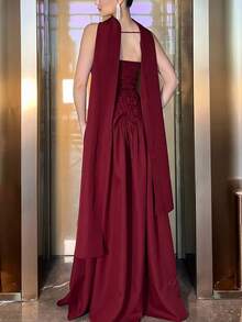 Women Summer Bandage Tube Long Dress With Scarf, Bodycon Sexy Elegant Party Dress Evening, Wedding Guest Dress, Formal Dress, Gown, Valentine's Day - Burgundy - View 2