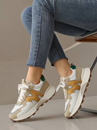 New Women's Mesh Multi-Color Casual Shoes, Chunky Sole Fashion Chunky Sneakers, Round Toe Lace-Up Outdoor Flat Sport Shoes, Breathable All Season, Beige