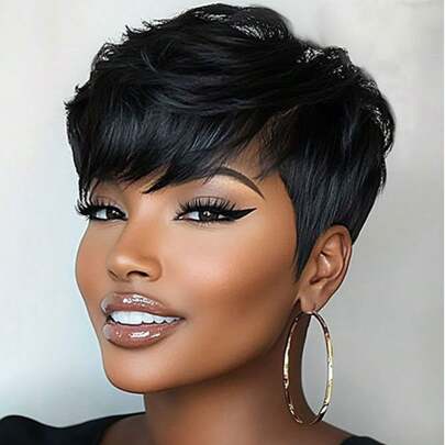 短款人发假发 精灵短发假发 带刘海 直发巴西雷米假发 女士全机织假发 人发 可直接佩戴