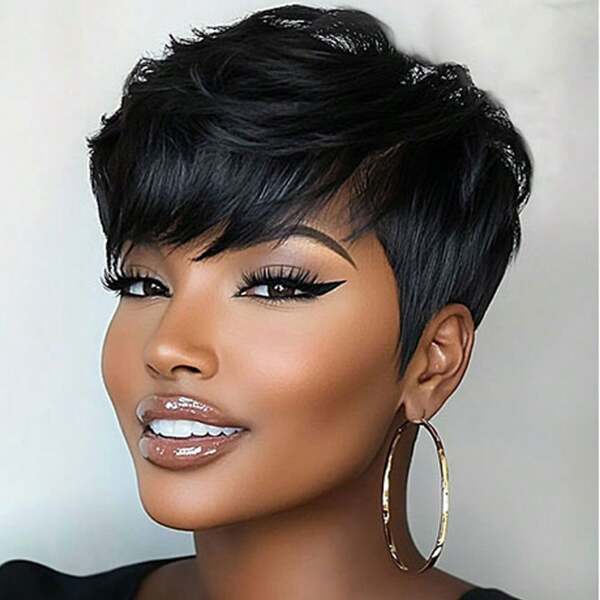 Short Human Hair Wigs Pixie Cut Wig With Bangs Straight Brazilian Remy Hair Wig For Women Full Machine Made Wig Human Hair Ready To Wear