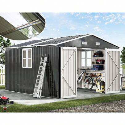 Merluxy Outdoor Storage Shed With Hinged Double Doors And 2 4-Pane Windows, Galvanized Steel Construction, Ideal Shed For Backyard, Garden, Or Patio Use