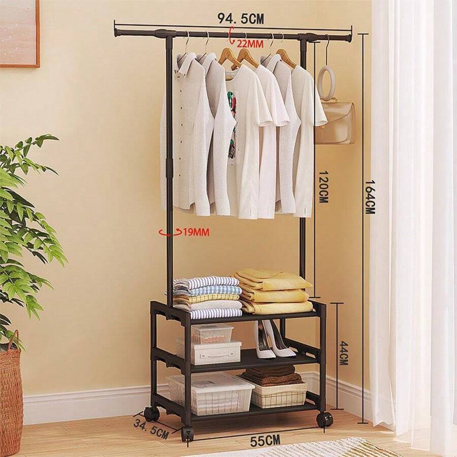 Metal Clothes Rack With Shoe Rack For Hanging Clothes With Storage Shelf, 3 Tiers Floor Coat Rack With Wheels Clothes Organizer Shelf Shoe Rack Floor Coat Rack, Clothes Hanging Rack, Clothes Organizer With Wheel For Hanging Clothes For Balcony, Bathroom, Bedroom And Laundry Room - 黑色 - 查看 1