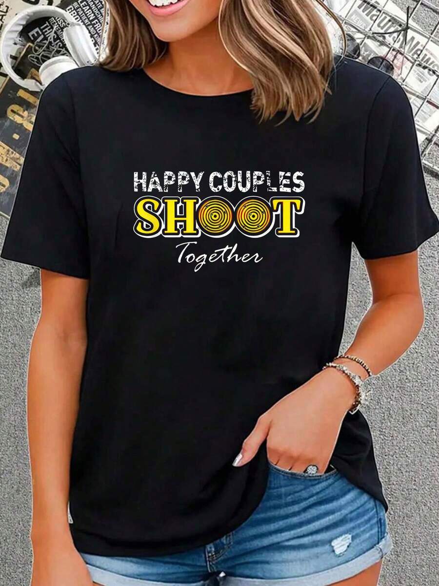 Happy Couples Shoot Together Gun - Gun Range Tee,Fashion Casual T-Shirt , Short Sleeve Crew Neck Shirt,Cotton Top For Women - 黑色 - 查看 1
