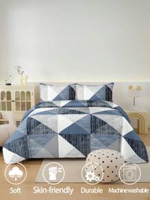 Juego de funda nórdica con estampado geométrico de triángulos azul y blanco de 2/3 piezas sin relleno, diseño suave de dos tonos (1 funda nórdica + 1/2 fundas de almohada, sin relleno de almohada) adecuado para dormitorio, habitación de invitados, dormitorio, lavable a máquina en tamaños King, Queen, Full y Twin
