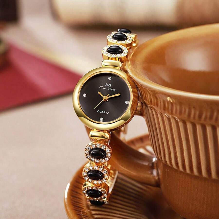 1 件女士优雅时尚宝石石英手链手表，简约可爱，送给妈妈的礼物，节日礼物，黑色 - 黑色 - 查看 1