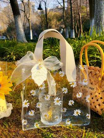 1/5pcs 大号 PVC 礼品袋（配丝带） 可爱雏菊图案手柄礼品包装袋 小雏菊便携式透明伴娘礼物手持礼品包装袋 适用于婚礼礼品、促销、小型企业用品、购物袋、派对袋、婚礼生日派对礼品袋、工艺手提袋、派对礼品、生日装饰、圣诞节情人节