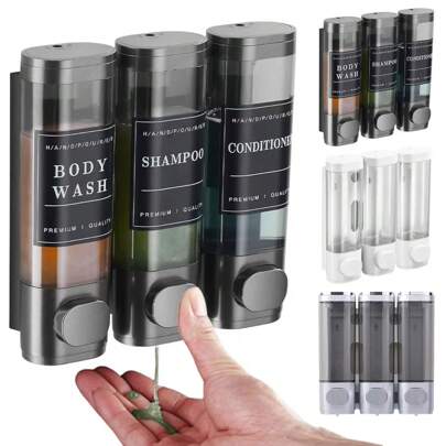 3 Chamber Wall Mounted Bathroom Liquid Soap Dispenser Three Head Hand Sanitizer Holder Wall Mount Soap Shampoo Gel Shower Liquid Container Shampoo And Conditioner Dispenser Shower Soap Dispenser Wall-Mounted Shower Dispenser For Bathroom Kitchen Hotel,3* 300ml,Black