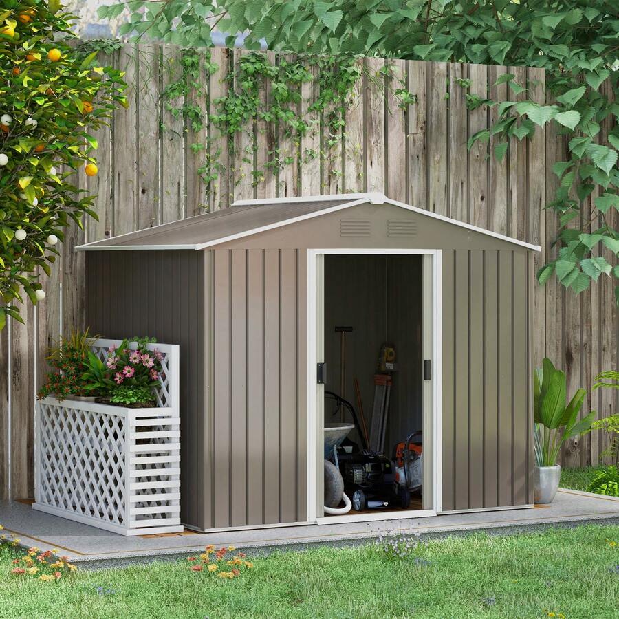 Outsunny Caseta de Jardín Exterior 3,6 m² 236x174x190 cm Cobertizo de Jardín Exterior con 2 Puertas Correderas Techo Inclinado y 4 Ventanas para Patio Terraza Gris Claro - Gris Claro - Ver 1