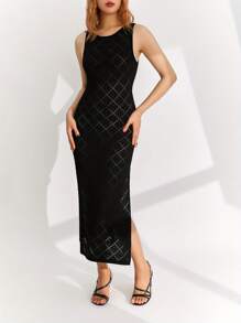 Women Wrapped Dresses, Round Neck Sleeveless Cutout Knitting Solid Midi Party Street Summer Dress - Black - View 9