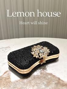 1 pieza de bolso de noche elegante de lujo con pedrería y brillo azul marino, bolso de mano de moda con cierre de pedrería, adecuado para banquetes, fiestas, bodas, galas, regalo ideal para - Negro - Ver 6