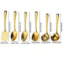 1/6 piezas Juego de utensilios de cocina de acero inoxidable chapados en oro - Incluye cuchara para sopa, colador, pala para freír y talla grande - Herramientas de cocina esenciales para chefs de hogar - Multicolor - Ver 5