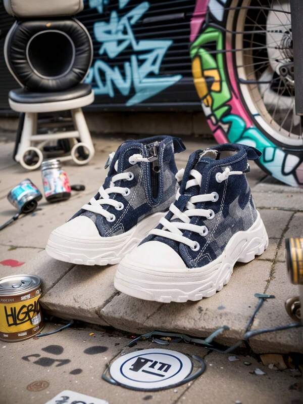 1 Paar blaue Jeans Camouflage Leinwand Schnürsneaker für Jungen, bequem und geeignet für Outdoor-Aktivitäten in allen Jahreszeiten