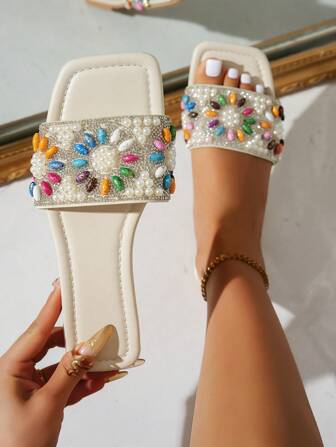 女士简约时尚舒适串珠拖鞋，百搭户外服装，夏季新款水钻平底凉鞋