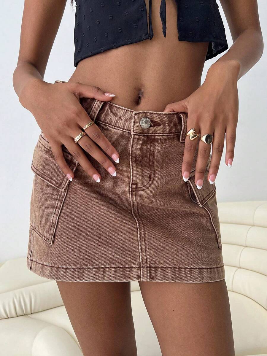 Womens Cargo Denim Skirts Solid Color Mid Rise Mini Jean Skirts With Pockets Casual Streetwear - Brown - View 1
