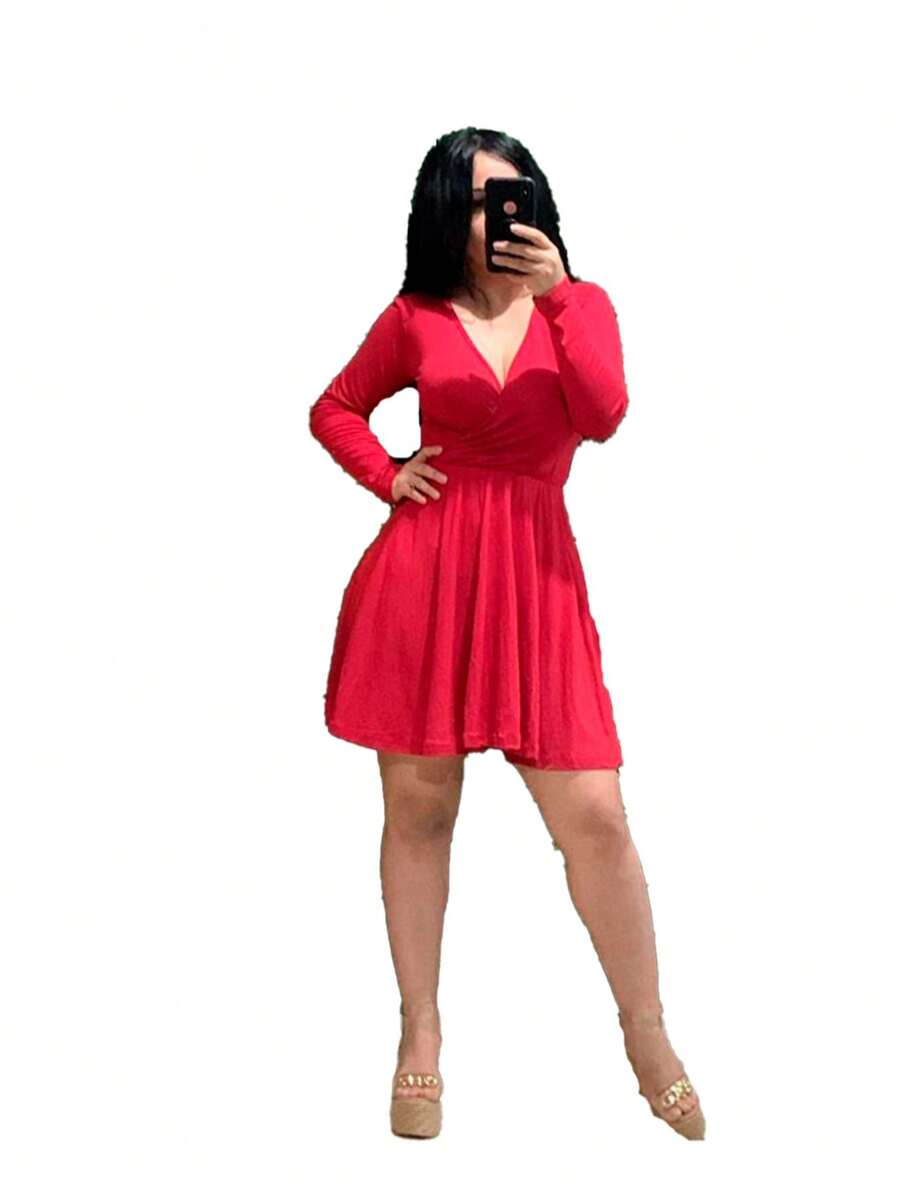 Vestido Con Cruce Manga Larga - Rojo - Ver 1