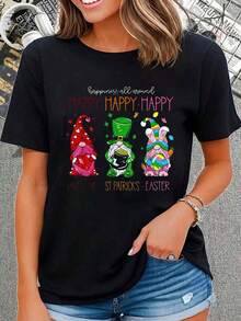 Funny Happy Valentines St Patrick Easter Happy Hol , Short Sleeve Crew Neck Shirt,Cotton Top For Women - 黑色 - 查看 1