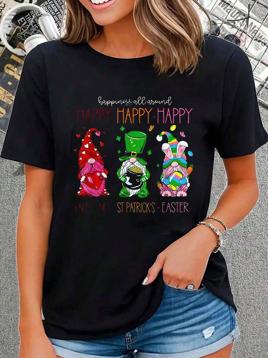 Funny Happy Valentines St Patrick Easter Happy Hol , Short Sleeve Crew Neck Shirt,Cotton Top For Women - 黑色 - 查看 1