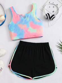 2pcs/Set Tween Girl Outdoor Sports Refreshing Casual Colorful Short Sleeve Top And Shorts - Multicolor - View 1