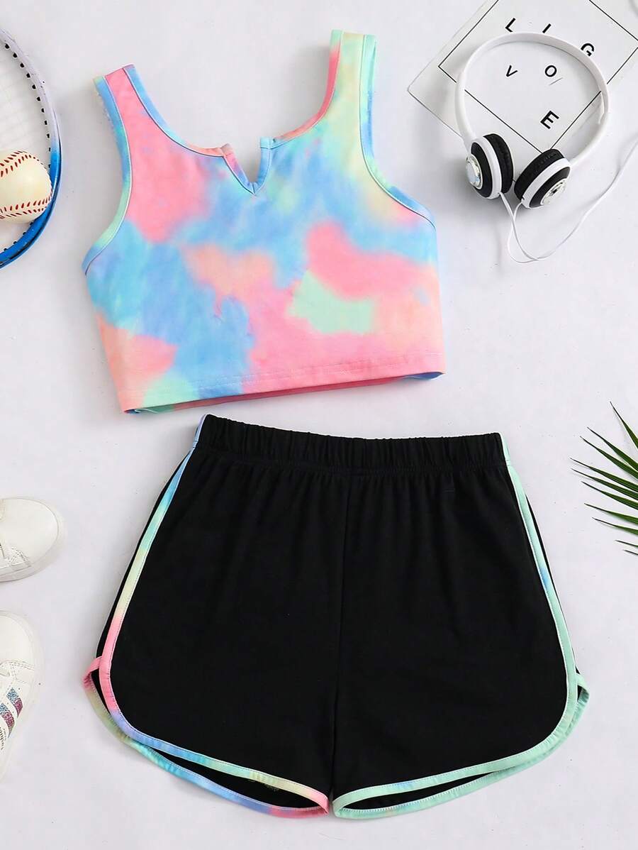 2pcs/Set Tween Girl Outdoor Sports Refreshing Casual Colorful Short Sleeve Top And Shorts - Multicolor - View 1