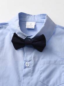 BOARNSEORL 男婴三件套绅士套装：短袖衬衫配领结、工装短裤和背心，时尚服装，适合生日派对、晚宴、婚礼、选美 - 藍色 - 查看 6