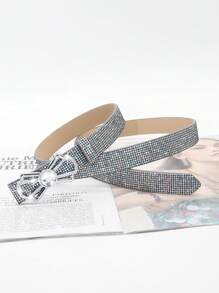 1pc Women's Elegant Rhinestone Embellished Metal Shiny PU Leather Belt, Fashion Accessory To Match Jeans, Dress