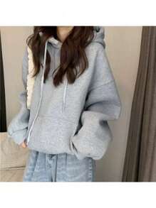 Women's Solid Color Hooded Sweatshirt With Lining And Drawstring - 淺灰色 - 查看 2