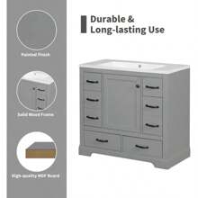 36" Bathroom Vanity Without Sink, Cabinet Base Only, Six Drawers, Multi-Functional Drawer Divider, Adjustable Shelf, Grey - 灰色 - 查看 3