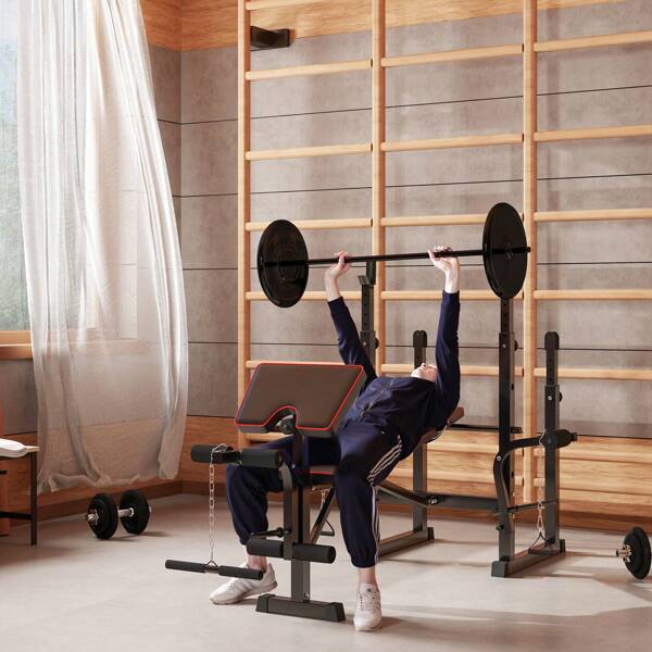 Sportnow SPORTNOW Banco de Musculación Plegable Banco de Pesas con Soportes para Barra Regulables y Respaldo Ajustable para Entrenamiento Completos de Cuerpo en Casa Gimnasio Negro