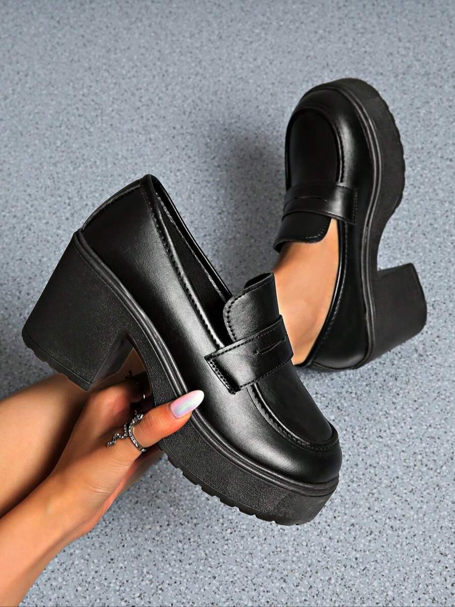 女式超高跟迷你皮鞋，法式/英式厚底粗跟乐福鞋，2025年春季新品 - 默黑色 - 查看 1