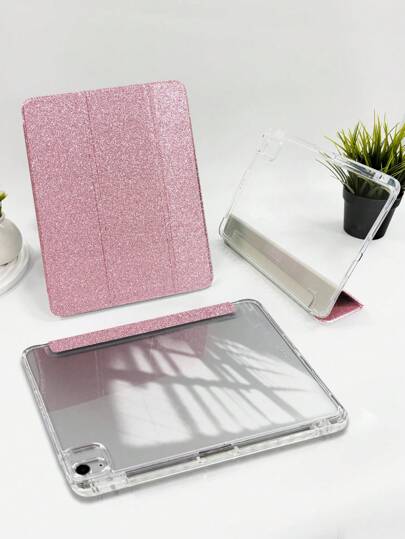 1pc Transparent Acrylic 3-Fold Glitter Rose Gold Flat Tablet Case With Pen Slot, High Transparency Acrylic Back Shell Anti-Bend Anti-Scratch, 3-Fold Adjustable Stand, Magnetic/Auto Sleep/Wake, Fashionable Shiny Luxury Compatible With IPad Mini6/Mini7/Air1/Air2/9.7/10.2/10.5/Air4/Air5/10.9/Pro11/10th Gen