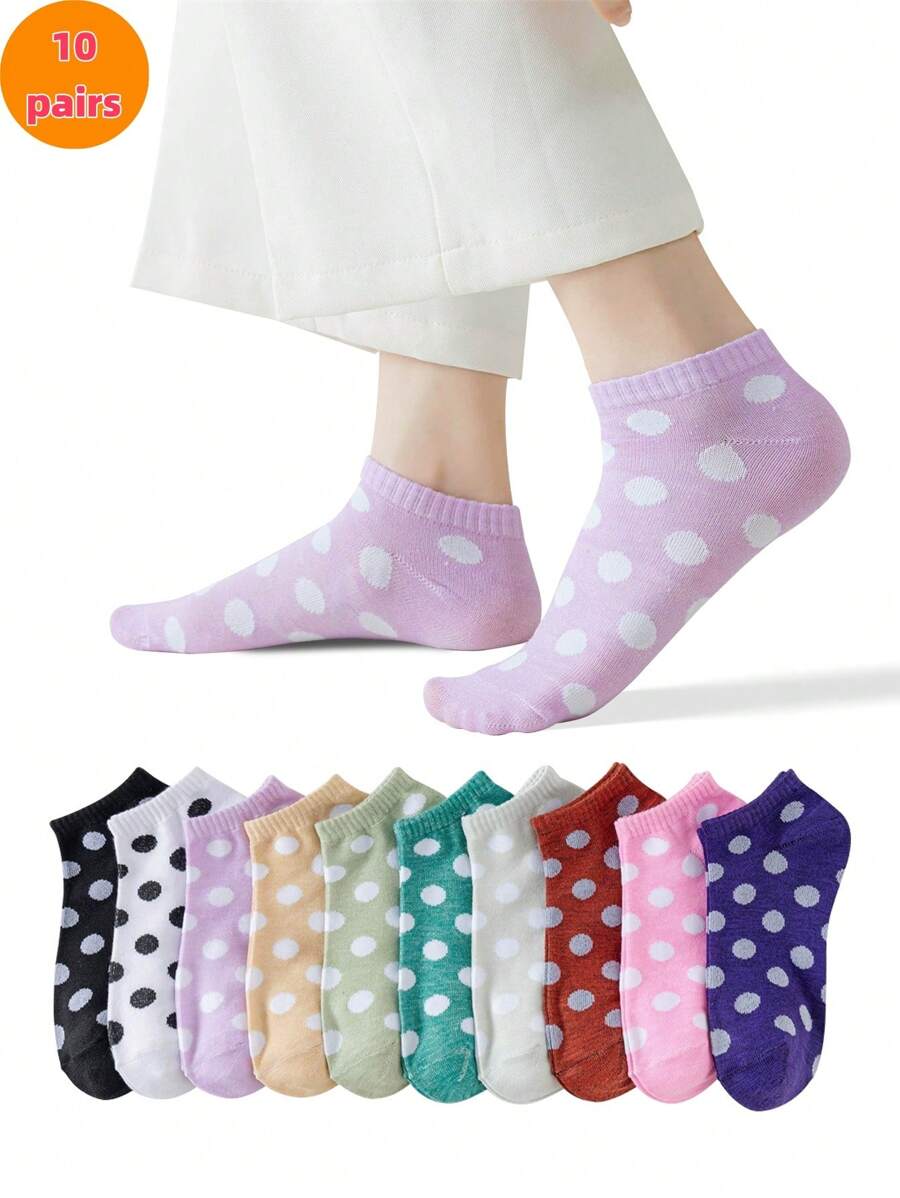 1/5/8/10 双女士圆点短袜，轻薄、透气、舒适柔软、休闲百搭 - 彩色 - 查看 1