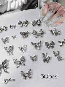 50 件美甲合金蝴蝶装饰，银色镂空混合各种图案，美甲配件美甲用品 - 銀色 - 查看 9