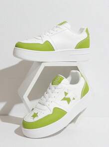 春季新款星形图案厚底女童运动鞋，系带透气软底防滑运动休闲鞋，适合青少年和青年 - 綠色 - 查看 8