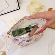 1pc Yellow Bottom Purple Flower Niche High-Grade Cosmetic Bag Portable Skincare Storage Bag Going Out Toiletry Bag Travel Essentials Holiday Essentials