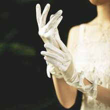 1 Pair Vintage Bridal Wedding Gown Satin Elastic Mid-Length Bow Fully Covered Perforated Gloves, Suitable For Weddings And Photo Studio Use