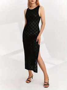 Women Wrapped Dresses, Round Neck Sleeveless Cutout Knitting Solid Midi Party Street Summer Dress - Black - View 7